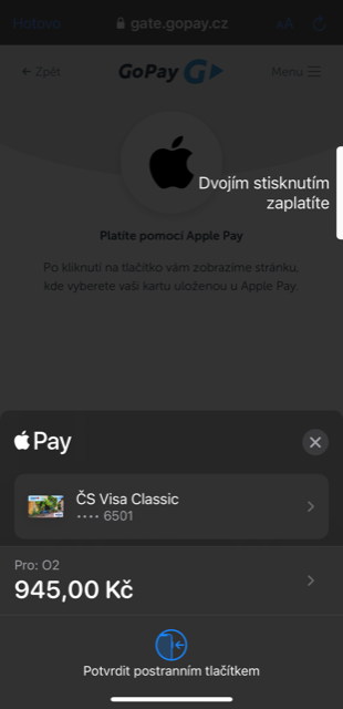 Potvrzení platby pomocí ApplePay