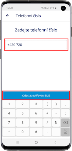 Zadání telefonního čísla pro odeslání ověřovací SMS