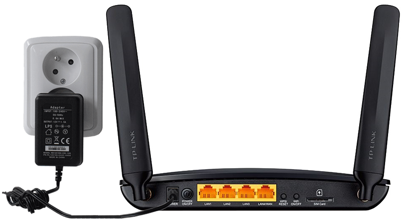 Napájecí adaptér v elektrické zásuvce a modemu 