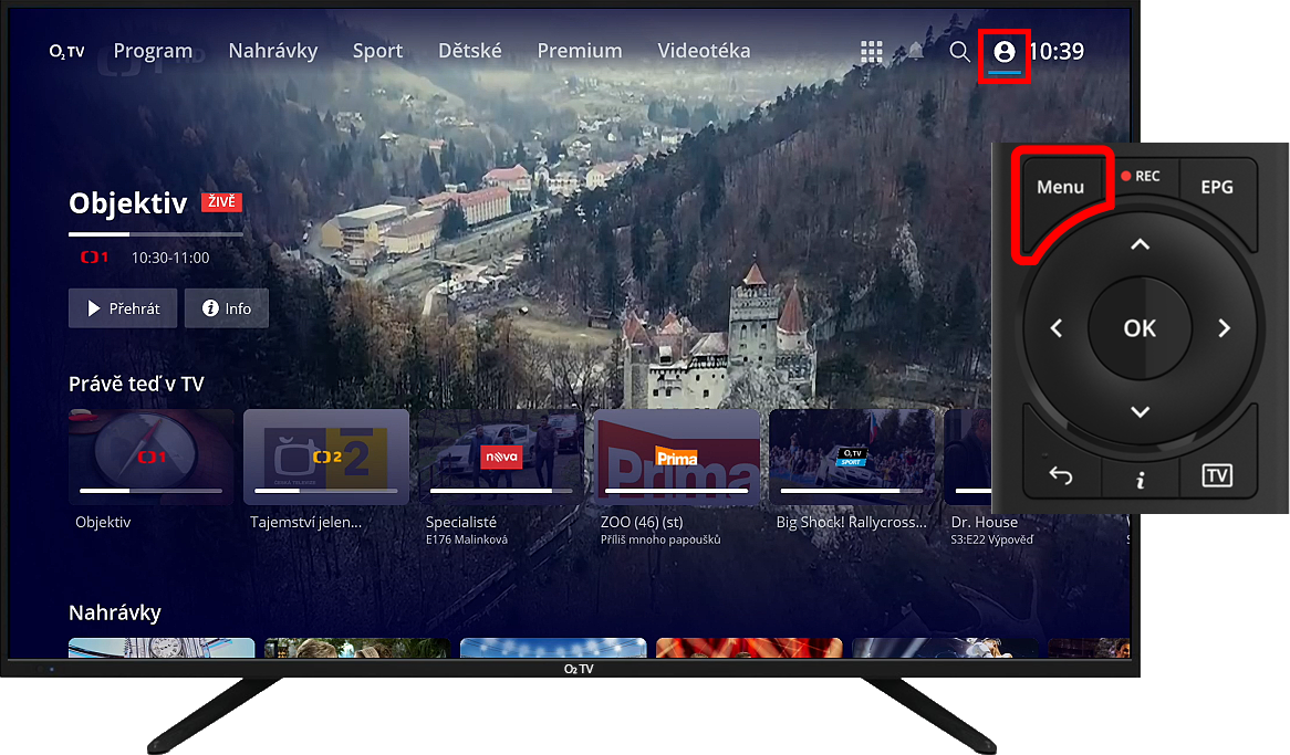 Zobrazení sekce profilu na O2 TV