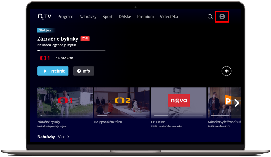 Ikona profilu na O2 TV v prohlížeči