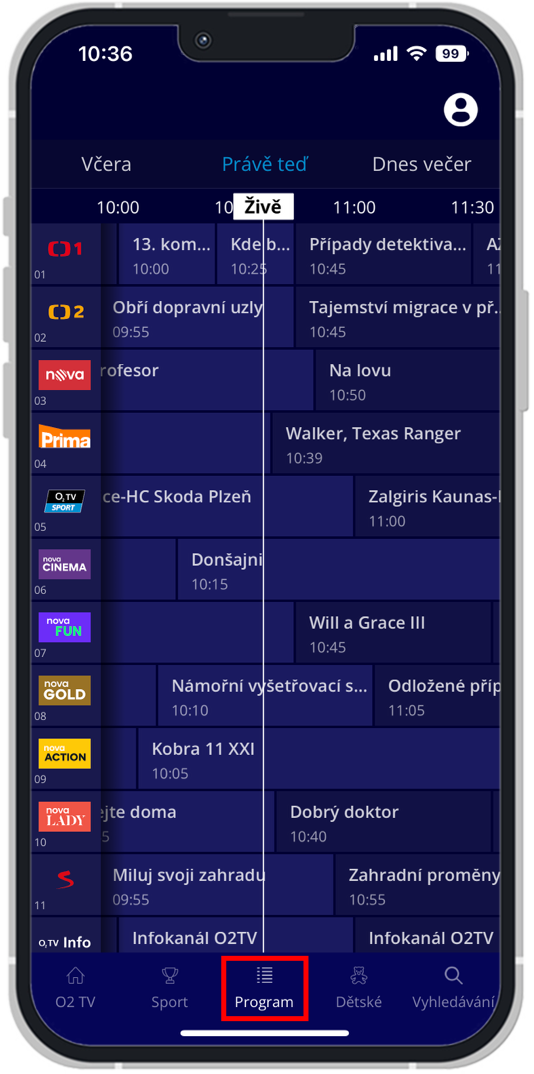 Televizní program v aplikaci O2 TV 2.0