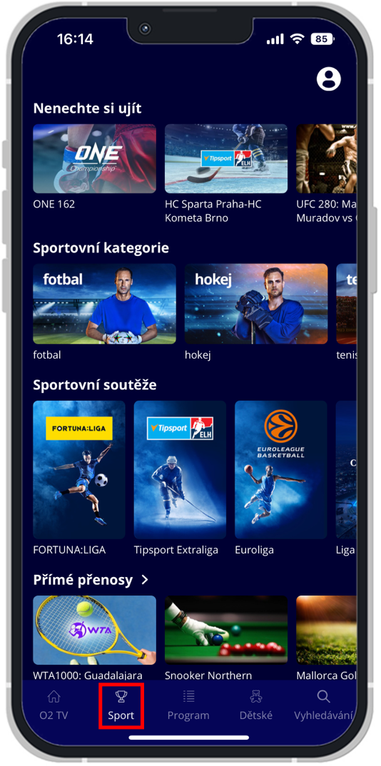 Sekce Sport v aplikaci O2 TV 2.0