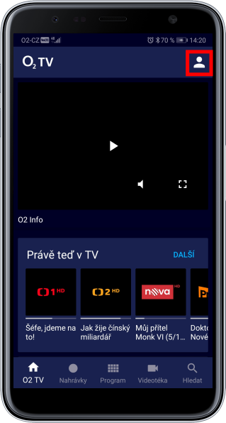 Sekce profilu v aplikaci původní O2 TV