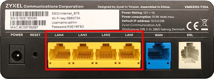 LAN porty označené žlutě