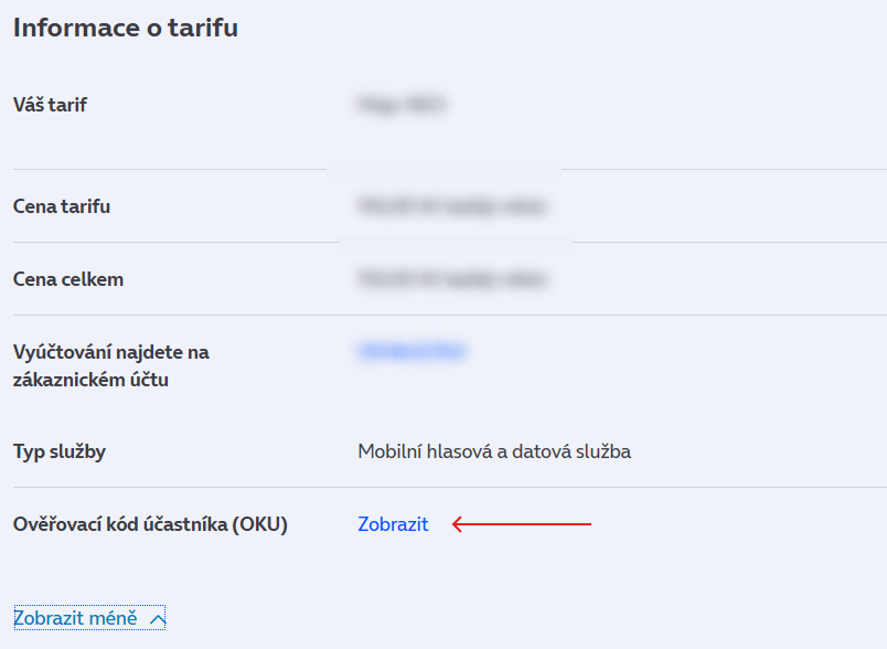 Zobrazit Ověřovací kód účastníka (OKU)