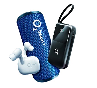 příslušenství od O2, reproduktor O2 beam+, O2 pods+, O2 powerbanka
