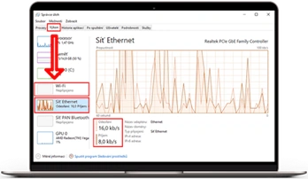 Správce úloh se zobrazeným vytížením internetu