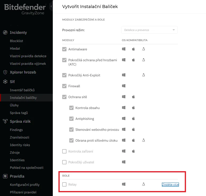 Uživatelské rozhraní programu Bitdefender ve kterém je označena role Relay