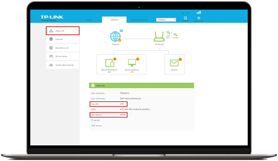 Zobrazení Mapy sítě v uživatelském rozhraní