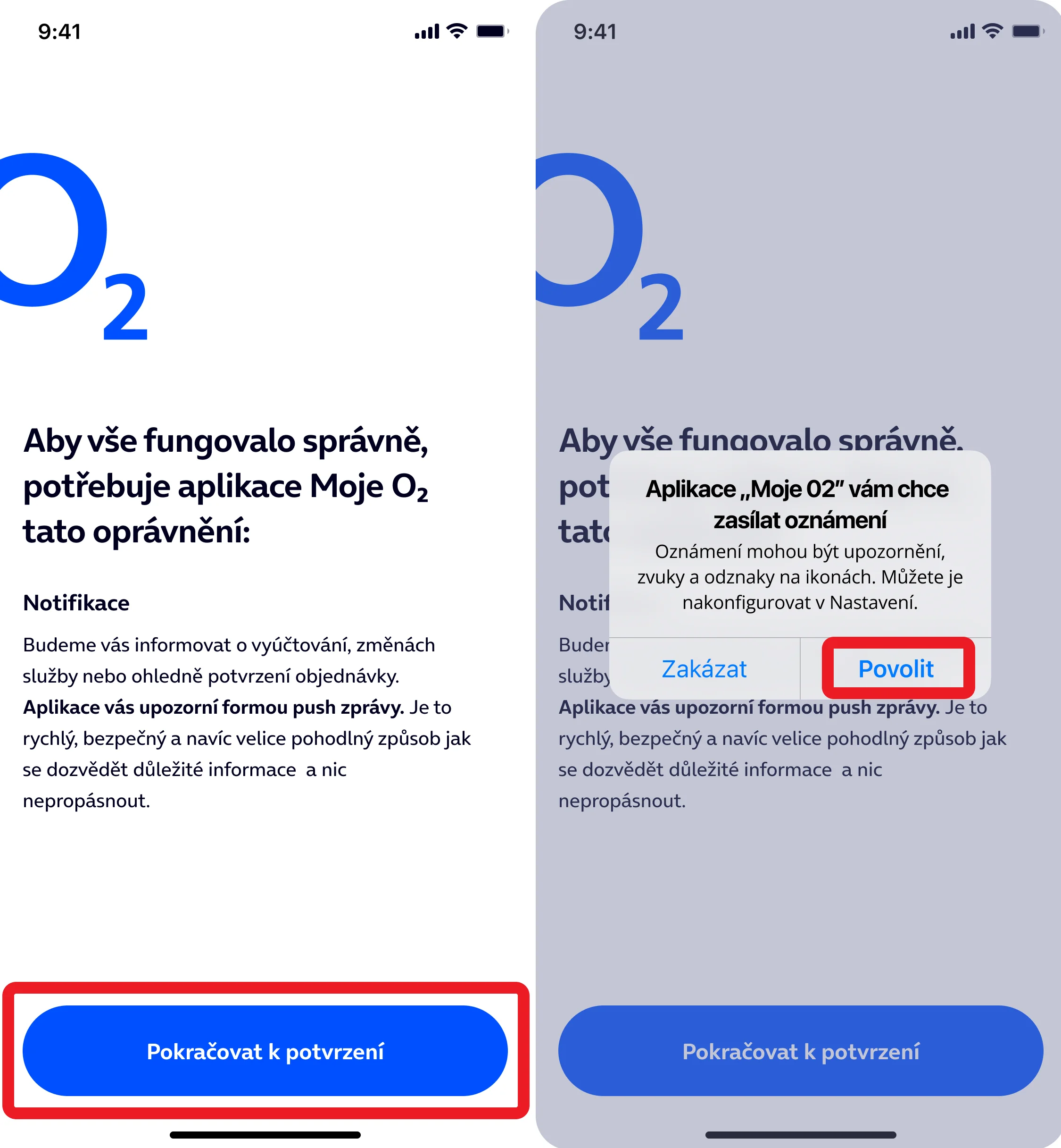 Obrazovka aplikace Moje O2: Instalační proces