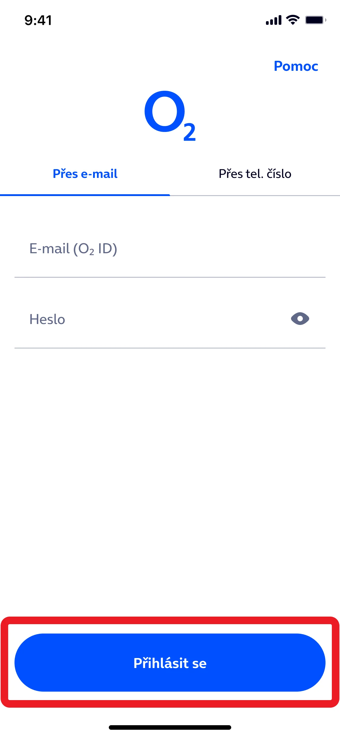 Obrazovka aplikace Moje O2: Instalační proces