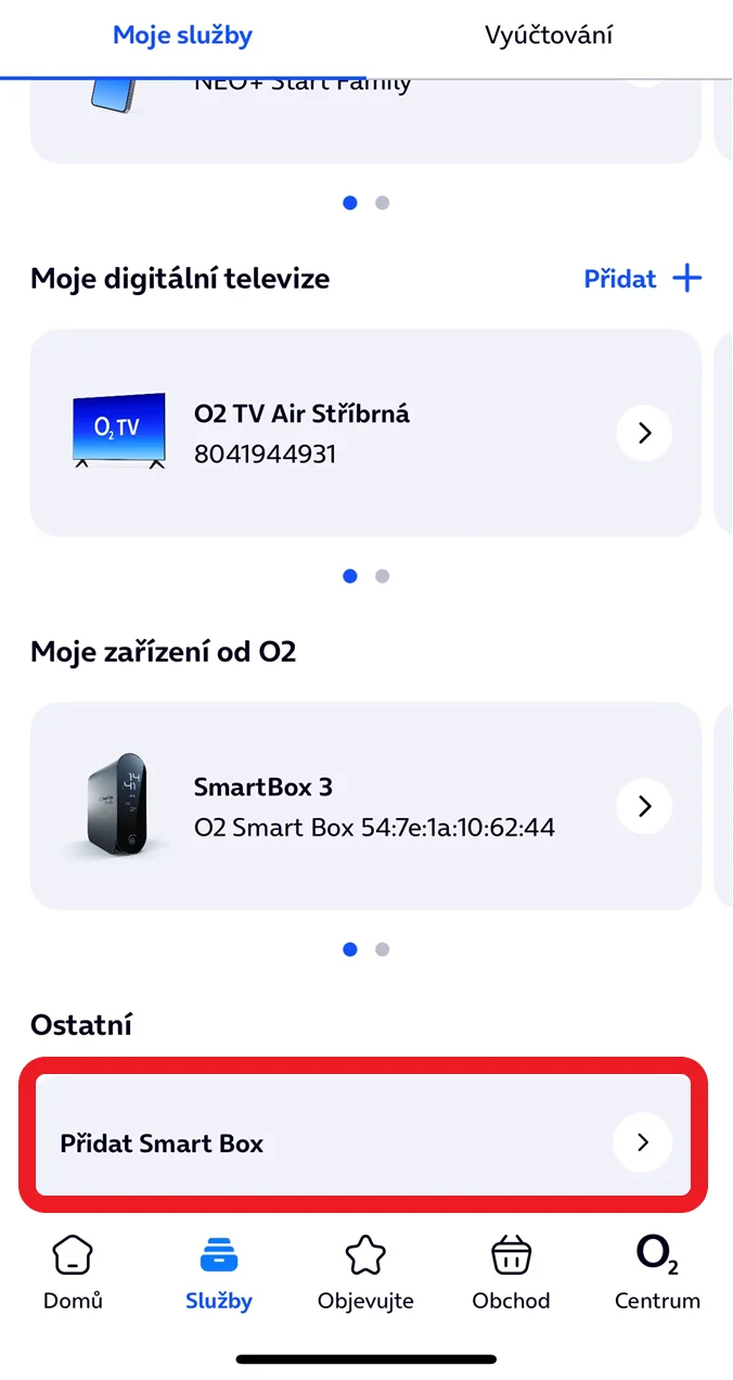 Obrazovka aplikace Moje O2: Instalační proces
