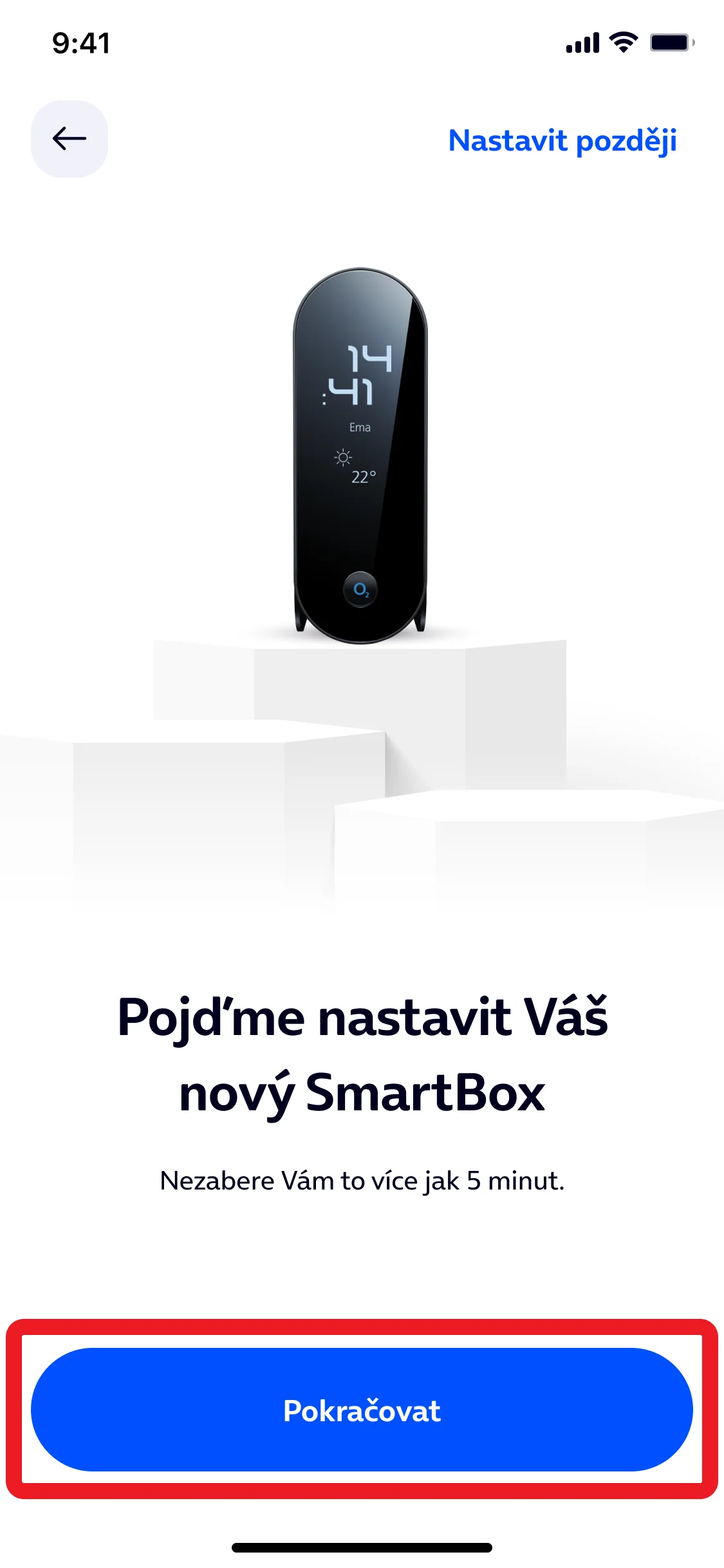 Obrazovka aplikace Moje O2: Instalační proces