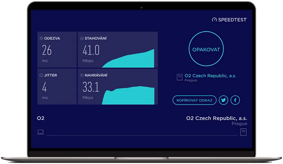 Uživatelské rozhraní webové aplikace Ookla speedtest - výsledky testu
