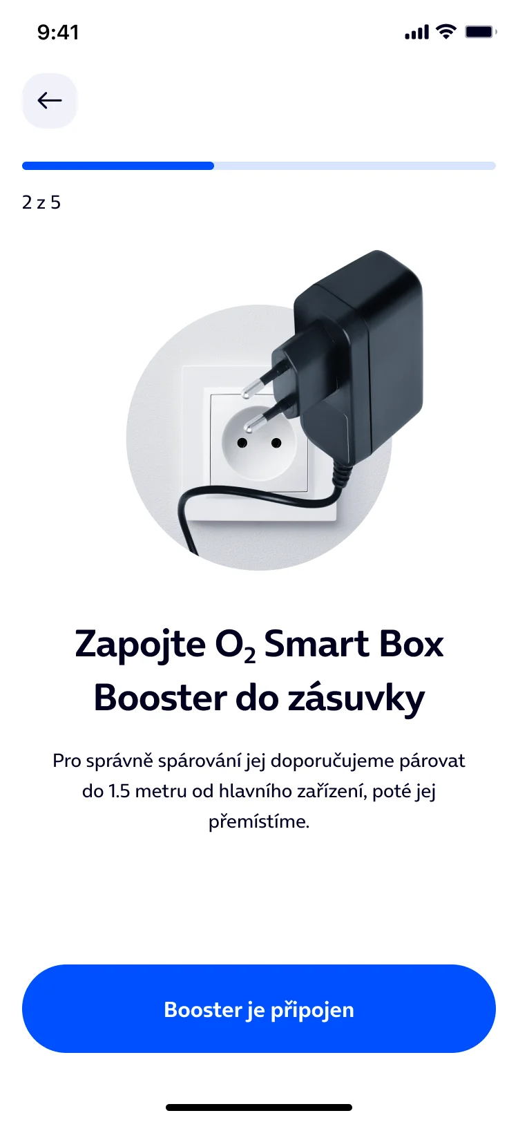 Obrazovka aplikace Moje O2: Postup spárování O2 Smart Boxu a O2 Smart Box Boosteru