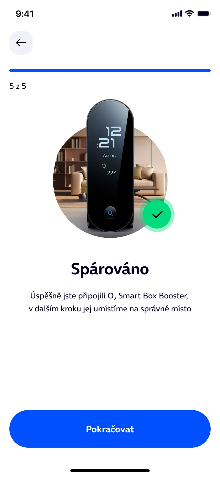 Obrazovka aplikace Moje O2: Postup spárování O2 Smart Boxu a O2 Smart Box Boosteru