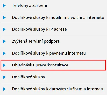 Označená možnost Objednávka práce/konzultace v menu