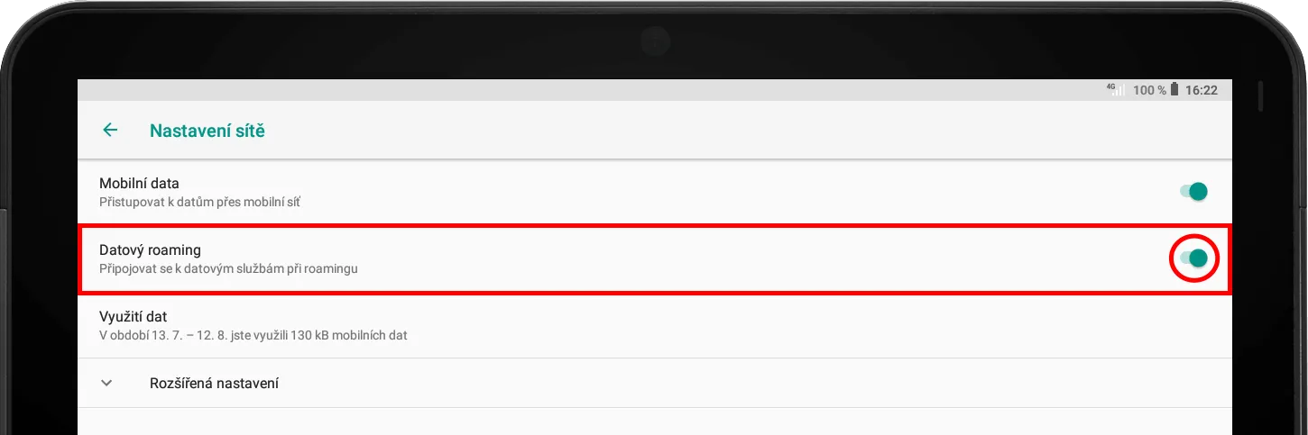 Povolený datový roaming v nastavení