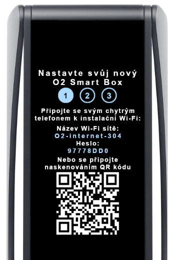 Obrazovka O2 Smart Boxu 2: Název a heslo dočasné Wi-Fi