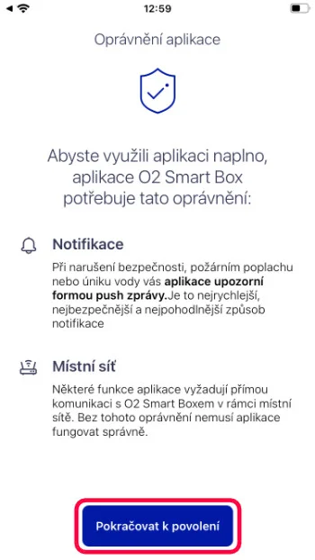 Obrazovka aplikace O2 Smart Box: oprávnění