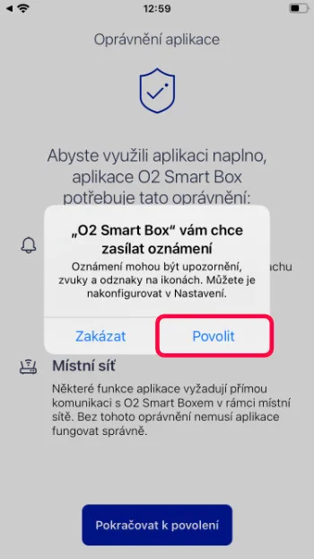 Obrazovka aplikace O2 Smart Box: oprávnění