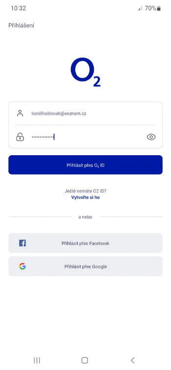 Obrazovka: přihlášení do aplikace O2 Smart Box