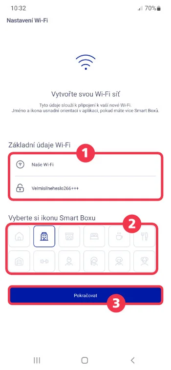 Aplikace O2 Smart Box vytvoření názvu a hesla Wi-Fi