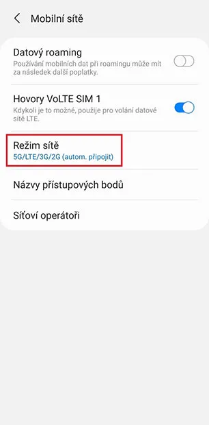Nastavení Mobilní sítě a zvolená volba Režim sítě