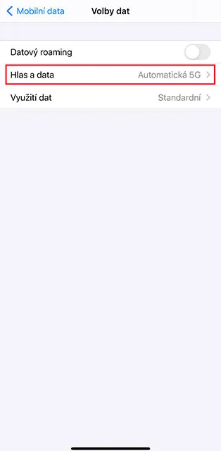 Vyberte druhou možnost Hlas a data