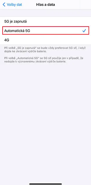 Zvolte druhou možnost Automatická 5G
