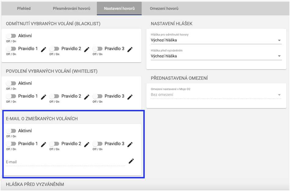 E-mail o zmeškaných voláních