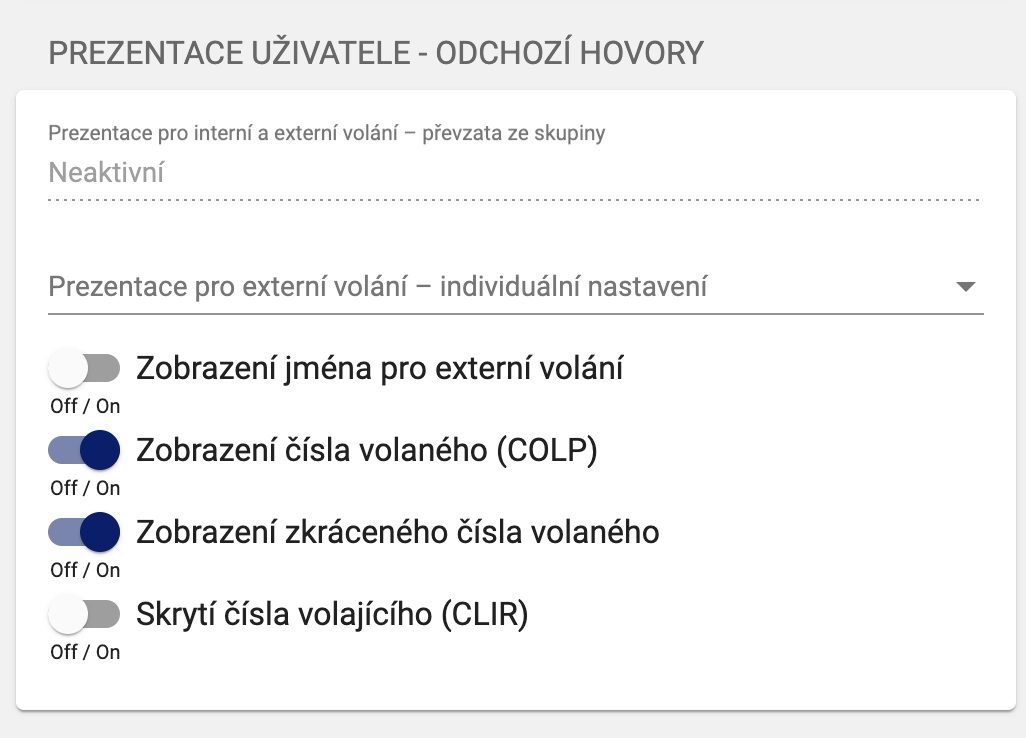 Prezentace uživatele - odchozí hovory