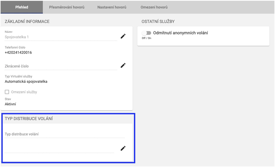 typ distribuce volání