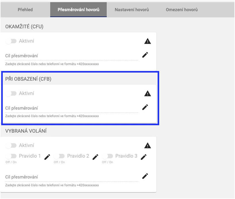 Přesměrování hovorů při obsazení