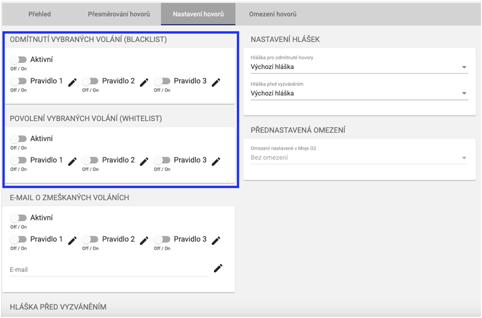 Nastavení vybraných volání