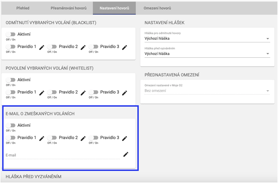 E-mail o zmeškaných volání