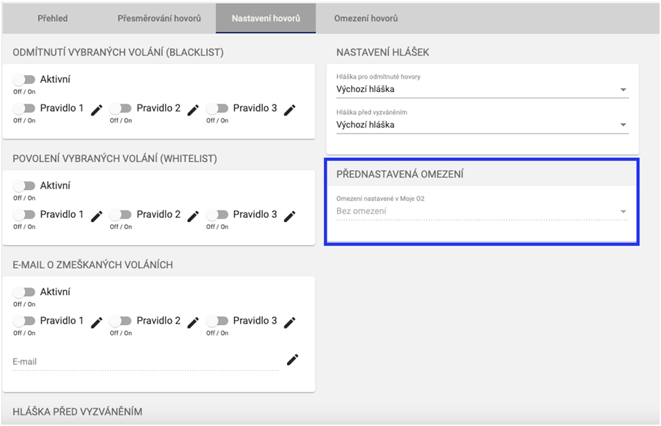 Přednastavení omezení