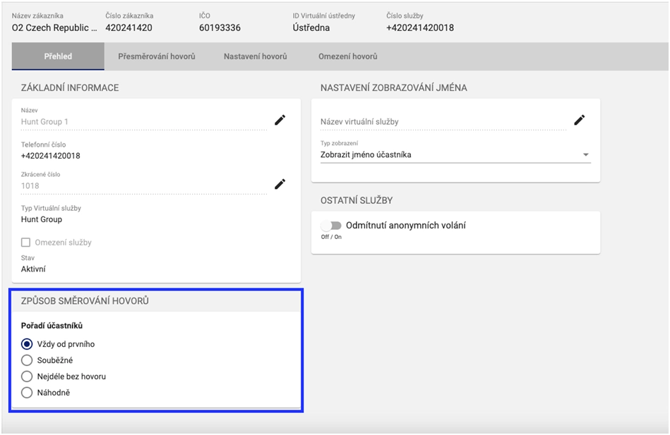 Způsob přesměrování hovorů okno