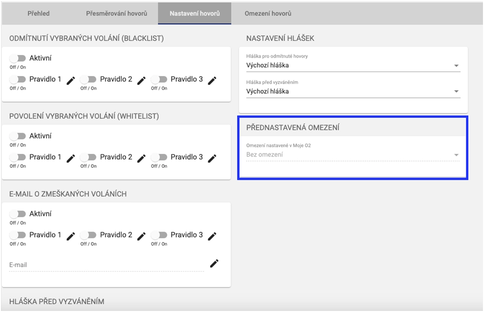 Přednastavení omezení