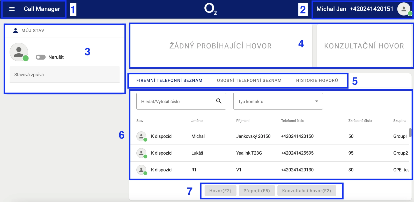 Rozhraní aplikace Call manager