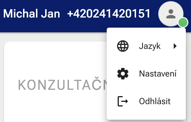 Možnost změny jazyka, nastavení aplikace a odhlášení z aplikace