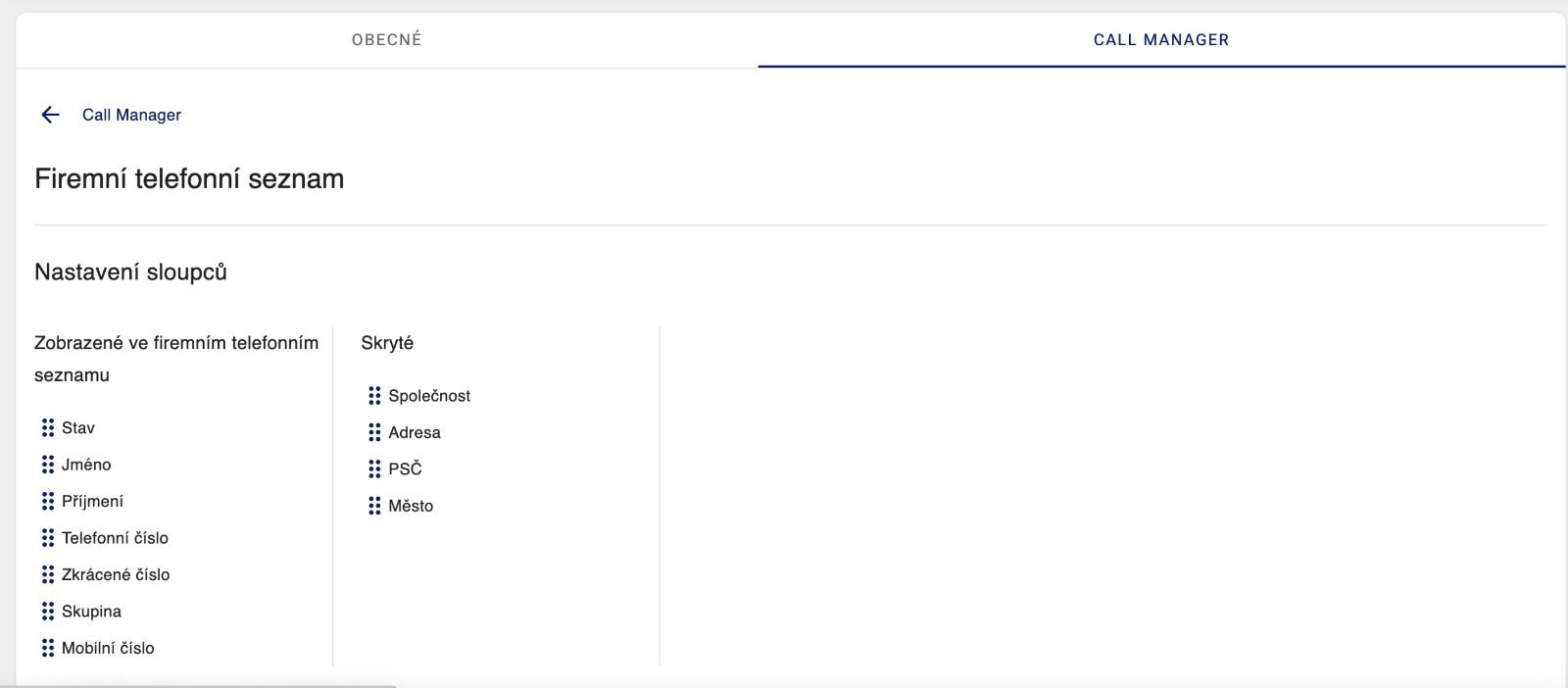 Call manager záložka nastavení