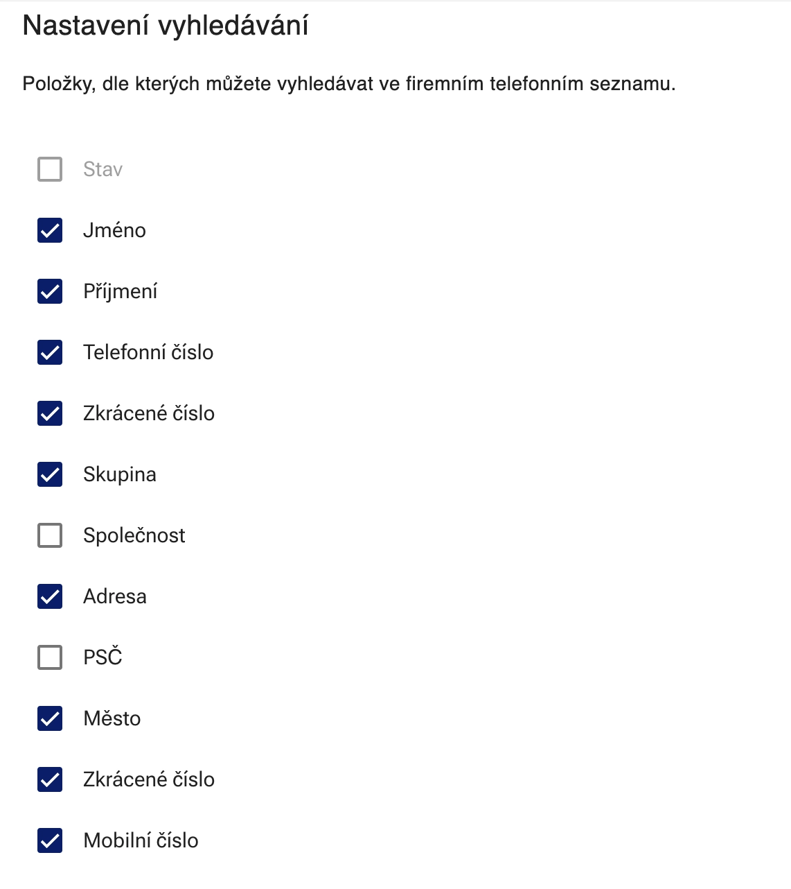 Nastavení vyhledávání v telefonním seznamu