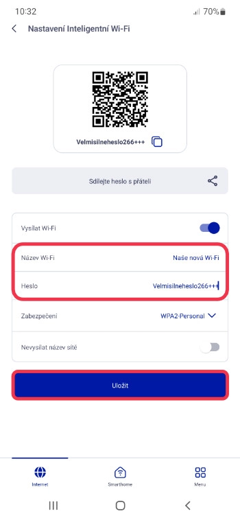 Úprava názvu a hesla wifi v aplikaci