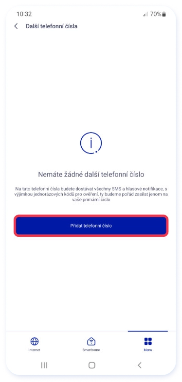 Tlačítko na přidání telefonního čísla