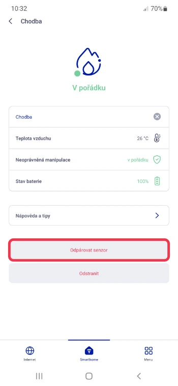 Detail senzoru s označeným tlačítkem Odpárovat senzor