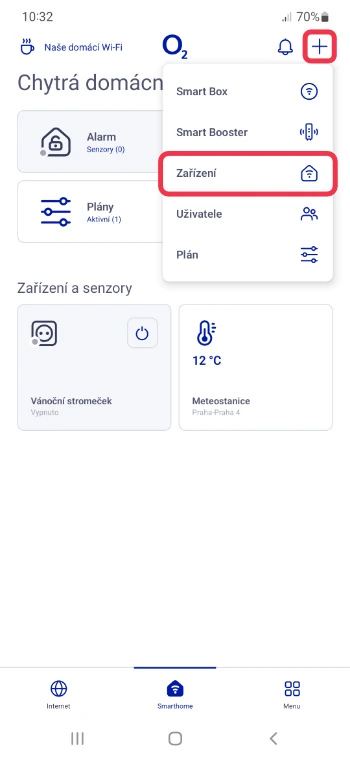 V aplikaci klikněte na + v pravém horním rohu a zvolte Zařízení.