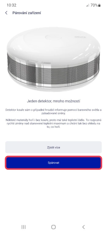 Instrukce s párováním detektoru a označeným tlačítkem Spárovat