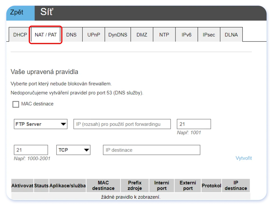 Sekce NAT/PAT